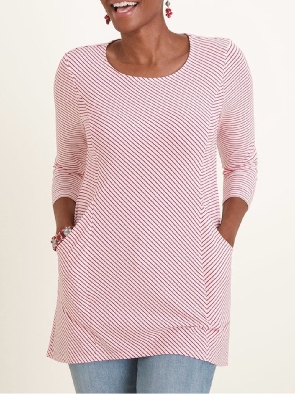 Chico’s Striped Asymmetrical 3/4 Sleeve Pocket Tunic size M